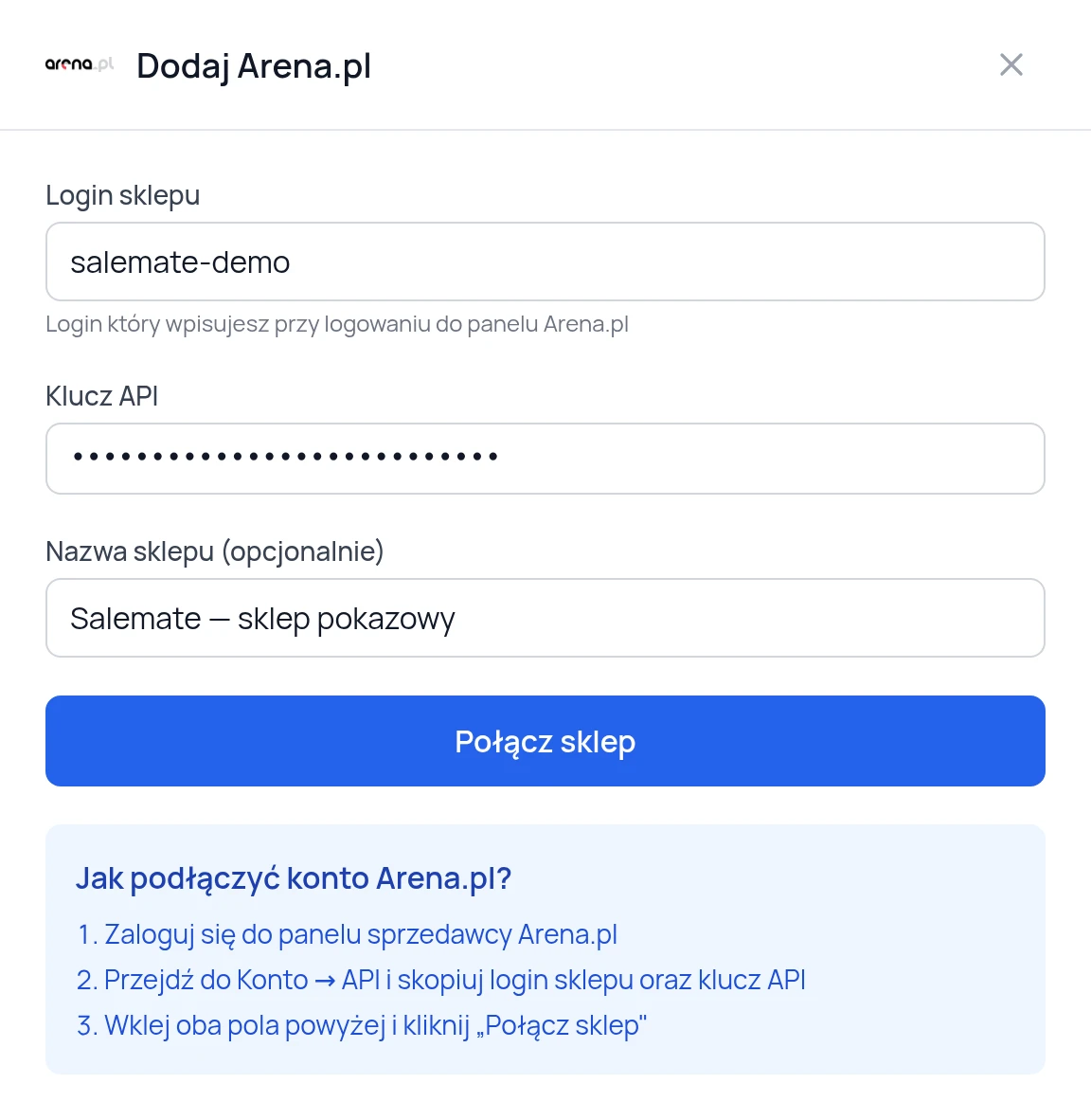Login sklepu, klucz API i nazwa połączenia Arena.pl w Salemate, z danymi pokazowymi.