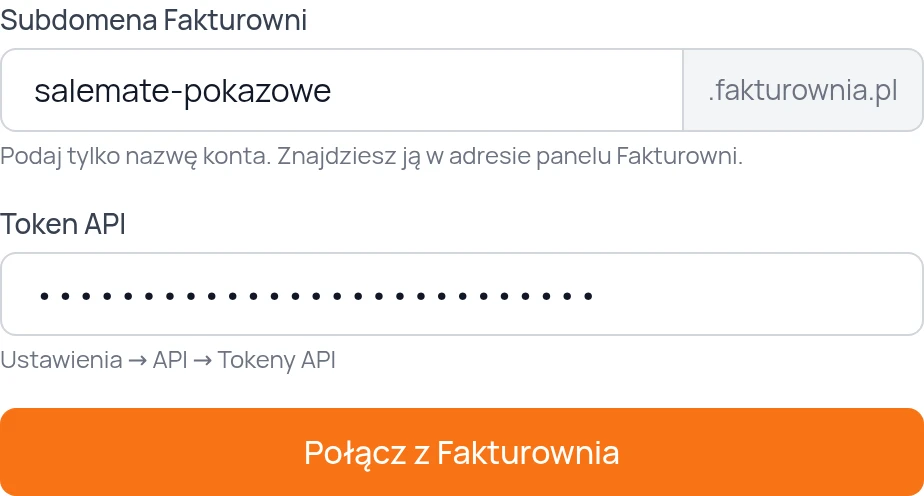 Subdomena Fakturowni i token API w formularzu Salemate, z danymi pokazowymi.
