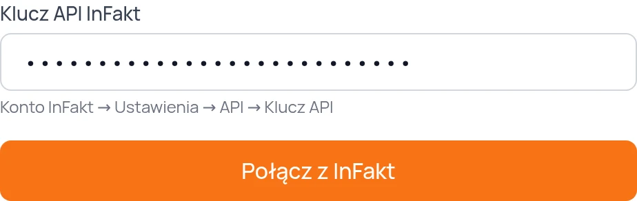 Pole klucza API w formularzu połączenia InFakt z Salemate, z wartością pokazową.